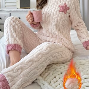 Women’s Star Pattern Jacquard Fleece Thick Casual Pajama Set, Long Sleeve Round Neck Top & Pants, Comfortable Relaxed Fit For Fall & Winter Clothing Shop Online at Dubai Trades