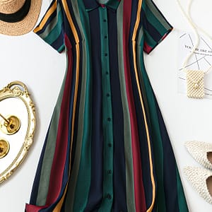 Women’s Striped Print Collar Tunic Dress, Polyester 95% Elastane 5% Slight Stretch, Spring/summer Season, Woven Fabric With Button Details Clothing Shop Online at Dubai Trades