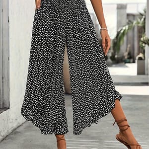 Women’s Summer Black Floral Wide-leg Pants With Ruffle Hem – Loose Fit, Polyester, Casual & Elegant, Adult Casual Wear|floral Print Pants|polyester Fabric Clothing Shop Online at Dubai Trades