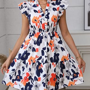 Women’s Summer Floral Print Ruffle Hem Notched Collar Mini Dress, 100% Polyester A-line Dress With Flutter Sleeves Clothing Shop Online at Dubai Trades
