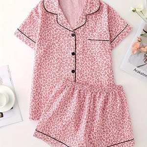 Women’s Summer Leopard Print Pajama Set – Casual Short Sleeve, Button- & Waist Shorts, Breathable Polyester Loungewear Clothing Shop Online at Dubai Trades