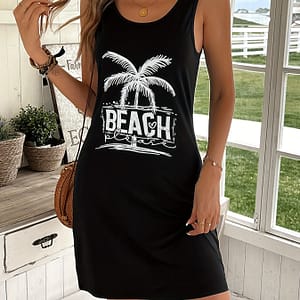 Women’s Summer Sleeveless Letter Print Dress – Casual Polyester Knit, Machine Washable Clothing Shop Online at Dubai Trades