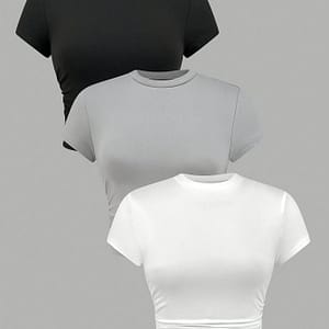 Women’s Summer T-shirts With A Trendy Design, Short Sleeves, Fitted Tops, Available In A Pack Of Three: Black, White, And Gray. Clothing Shop Online at Dubai Trades