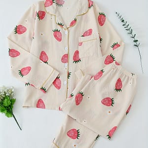 Women’s Sweet Allover Strawberry Print Pajama Set, Long Sleeve Buttons Lapel Top & Pants Comfortable Relaxed Fit For Fall Clothing Shop Online at Dubai Trades