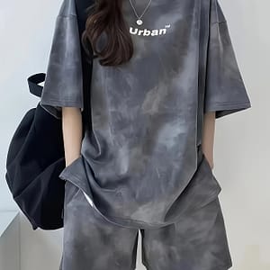 Women’s Tie-dye Loose-fit Pajama Set – Casual Sporty Look, Short Sleeve, Round Neck, Lightweight Polyester Blend, Spring/summer Clothing Shop Online at Dubai Trades