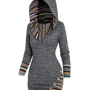 Women’s Tribal Geometric Hooded Knit Dress, Long Sleeve Bodycon, , 95% Polyester 5% Spandex, All Season, 240g/m² Knit Fabric, With Fake Buttons Detail Clothing Shop Online at Dubai Trades
