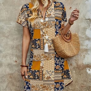 Women’s V-neck Dress – Casual Floral Print Short Sleeve Midi With Batwing Sleeves, Lightweight Polyester, Vacation Clothing Shop Online at Dubai Trades