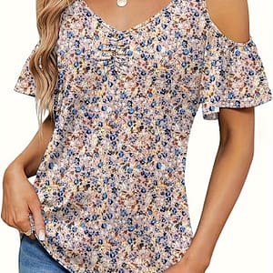 Women’s V-neck Floral Print Sexy Off Shoulder Top T-shirt, Summer Clothing Shop Online at Dubai Trades