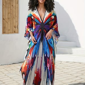 Women’s V-neck Kafkhan Dress, Print, Handmade Woven Polyester, Non-stretch Fabric, Plus Size Cover-up, Split Detail, 110g/m² Weight Clothing Shop Online at Dubai Trades