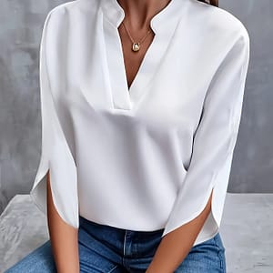 Women’s V-neck Semi-sheer Blouse – Lightweight 100% Polyester, Machine Washable, Solid Color, Versatile Top For Casual & Formal Wear Blouses Shop Online at Dubai Trades