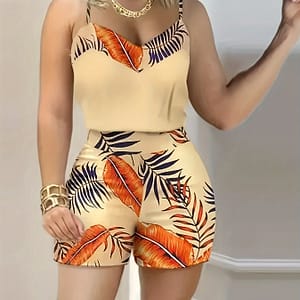 Women’s V-neck Sleeveless Top & Shorts Set, Polyester Floral Outfits, Zipper Pullover Design, Regular Fit, Spring/summer Wear Clothing Shop Online at Dubai Trades