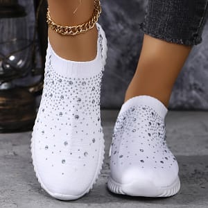 Women’s Walking Sneakers With Rhinestone Decor, Breathable Fabric Casual Shoes, Comfortable Athletic Camp Shoes, Slip-on Trainer Footwear With Chunky Sole Athletic Shop Online at Dubai Trades