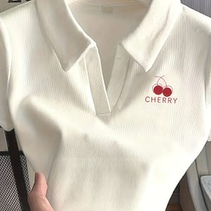 Women’s Y2k- Cherry Print Collared Short Sleeve Top – Casual Polyester Knit, Machine Washable, Spring/summer Fashion Clothing Shop Online at Dubai Trades
