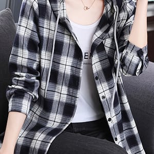 Women’s Y2k Fashion Hooded Plaid Shirt, 100% Polyester Woven Fabric, Lightweight Spring/summer Casual Wear, 130g/m² – Adult Blouses Shop Online at Dubai Trades