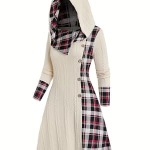 Women’s Y2k Style Hooded Knit Dress, Gingham , Long Sleeve A-line, High Waist With Buttons, Polyester 95% Spandex 5%, Fall/winter Collection, 240g/m² Fabric Weight Clothing Shop Online at Dubai Trades