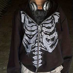 Women’s Y2k-inspired Skeleton Print Zip-up Hoodie – Stretchy Knit Fabric, Long Sleeves With Pockets, Machine Washable, Streetwear Clothing Shop Online at Dubai Trades