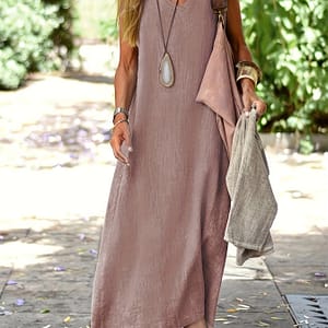 Women’s -blend V-neck Dress – Casual Sleeveless Long Dress In Pinkish-beige, Loose Fit For Casual Attire Clothing Shop Online at Dubai Trades