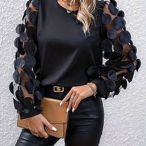 Women’s -shoulder Blouse With Mesh Sleeves – Stylish Crew Neck, Spring/summer/fall, Adult Clothing, Casual Attire|trendy Offshoulder Top|contrast Mesh Detail Blouses Shop Online at Dubai Trades