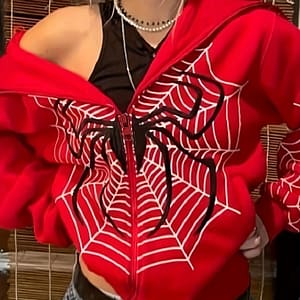 Y2k Spider Web Print Zip Up Hoodie, Long Sleeve Hoodies Sweatshirt, Women’s Clothing Clothing Shop Online at Dubai Trades