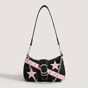 Y2k Style Shoulder Bag With Star Chain Accents, Solid Black, Removable Strap, Zipper Closure, Polyester Lined, Underarm Handbag For Casual & Occasion Wear Clothing, Shoes & Jewelry Shop Online at Dubai Trades