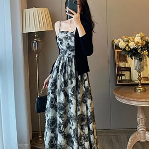 Young Floral Print Cami Dress Set, Solid Long Sleeve Open Front Cardigan & Square Neck Sleeveless A-line Spaghetti Strap Dress Outfits, Women’s Clothing Clothing Shop Online at Dubai Trades