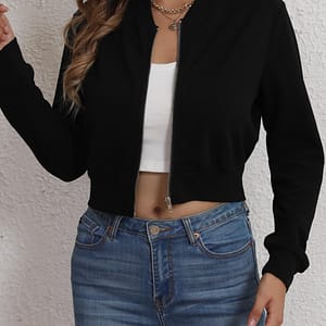 Zip Up Long Sleeve Jacket, Elegant Solid Color Crop Jacket For Spring & Fall, Women’s Clothing Casual Jackets Shop Online at Dubai Trades