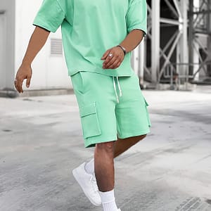 [breathable Fabric] Men’s Beige Casual Sportswear Set – Polyester Crew Neck T-shirt & Drawstring Shorts With Pockets, Machine Washable, Active Shop Online at Dubai Trades