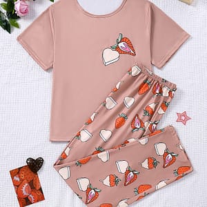 [casual ] Women’s Cute Strawberry Cake Pajama Set – Short Sleeve Top & Matching Shorts, Polyester, Machine Washable, , Strawberry Pajamas Clothing Shop Online at Dubai Trades