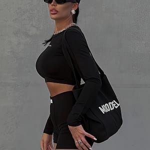 [elegant Style] Women’s Casual Athletic Tracksuit Set – Sleek Black Long-sleeve Crop Top & High-waist Shorts, Polyester, Machine Washable – Spring/summer/fall Active Shop Online at Dubai Trades