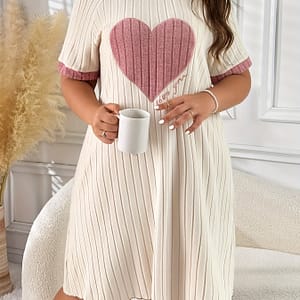 [everyday ] Plus Size Dress With Embroidered Heart & Letter Design – Polyester, Round Neck, Short Sleeve Nightgown For Women, Ribbed Texture, Cream Color, Machine Washable Clothing, Shoes & Jewelry Shop Online at Dubai Trades