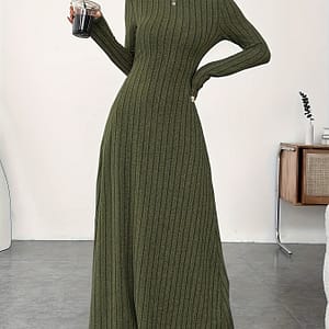 [minimalist Chic] Women’s Rib-knit Turtleneck Dress, Polyester , Solid Color, Long Sleeve, A-line Knit Fabric, For Spring/summer Clothing Shop Online at Dubai Trades