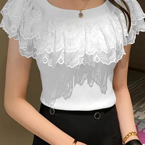 [popular ] Lace Splicing Square Neck Sweater, Elegant Short Puff Sleeve Knit Top For , Women’s Clothing Clothing Shop Online at Dubai Trades