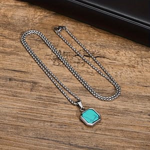 ‘s Day Gift – Men’s Fashionable Turquoise Pendant Necklace | Natural Stone In Stainless Steel | Elegant Square Design | & Simple Accessory Clothing, Shoes & Jewelry Shop Online at Dubai Trades