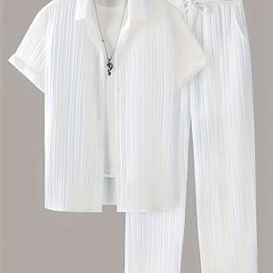 ‘s Short-sleeved Cardigan Collar Shirt And Trousers Outerwear Set Men’ Striped Style Clothing Shop Online at Dubai Trades