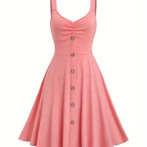 [sleeveless Fashion] Chic European & Women’s Sleeveless V-neck Dress In With Decorative Buttons & Ruched Detail – Casual A-line Flare, Polyester , Spring/summer/fall, Machine Washable Clothing Shop Online at Dubai Trades