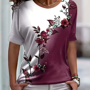 [vibrant Casualwear] Stylish Women’s Gradient Floral Print T-shirt – Casual Round Neck, Medium Stretch Fabric, Short Sleeve Top In White & Purple Clothing Shop Online at Dubai Trades