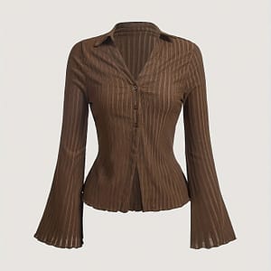 [vintageinspired Blouse] Chic Brown Ribbed Bell Sleeve Blouse With Button- – Y2k Inspired, Polyester, Machine Washable – Elegant V-neck For Women Clothing Shop Online at Dubai Trades