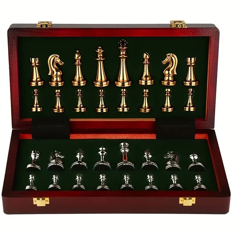 1 Set Yernea Vintage Chess Game Set, 11.8″ Folding Wooden Board, High-quality Metal Alloy Pieces, Classic Game, Yellow And Grey, Creative Material Game Accessories Shop Online at Dubai Trades 2