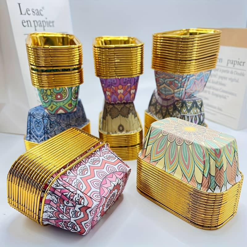 100pcs Elegant Golden Rectangular Disposable Cake Cups – High-temperature Resistant Muffin Liners With Vibrant Patterns, Baking, Party Favors, And Dessert Presentation Bakeware Shop Online at Dubai Trades 2