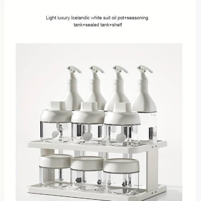 11pcs Glass Condiment Set With Storage Rack – Leakproof Seasoning & Oil Containers For Kitchen Organization, White Cabinet & Drawer Organization Shop Online at Dubai Trades 2
