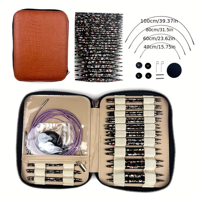 13 Sizes Aluminum Circular Knitting Needles Set With Detachable Cables, Brown Pu Case – Interchangeable Crochet Needle Kit Arts, Crafts & Sewing Shop Online at Dubai Trades 2
