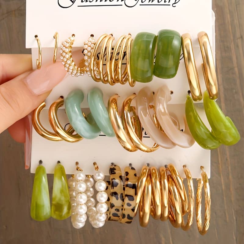 15 Pairs Set Of Exquisite Resin Alloy Pearl Hoop Earrings Vintage Elegant Style For Women Daily Clothing, Shoes & Jewelry Shop Online at Dubai Trades 2