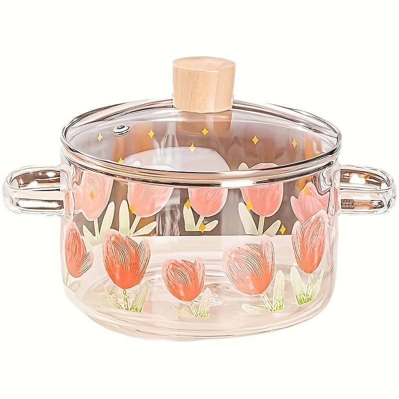 1700ml/57oz High Borosilicate Glass Dutch Oven With Tulip Print, Glass Baking Dish, Not For Electric Stove, Suitable For Gas Stove Light Flame Cookware Shop Online at Dubai Trades 2