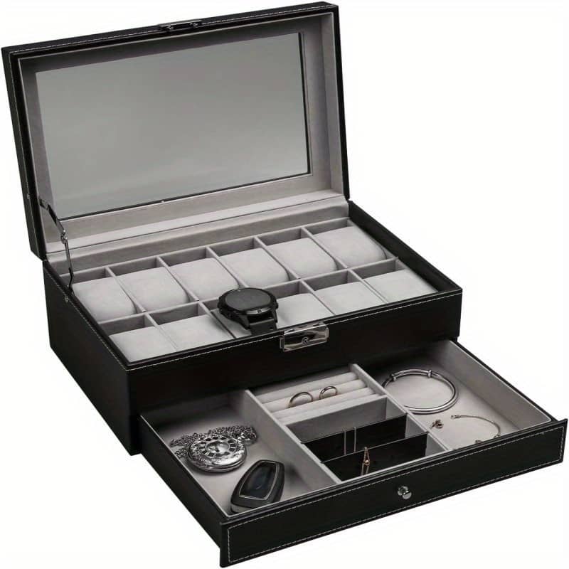 1pc 12 Slot Pu Leather Lockable Watch Storage Box, Men’s And Women’s Jewelry Display Box With Drawer, 2-layer Watch Glasses Display Boxwith Glass Cover Home & Kitchen Shop Online at Dubai Trades 2