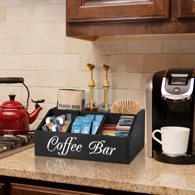 1pc Classic Wooden Coffee Bar Organizer Box, Multi-compartment Storage For Coffee Accessories, Condiments, And Pods, Shelf Baskets Baskets, Bins & Containers Shop Online at Dubai Trades 2