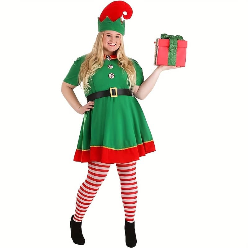 1pc Festive Women’s Christmas Elf Costume – Polyester Dress, Hat, And Socks Set For Holiday Party, No Feather, Non-electric Accessories Shop Online at Dubai Trades 2