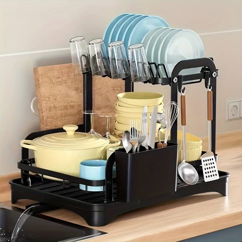 1pc Large 2-tier Metal Dish Drying Rack With Set, Freestanding Kitchen Countertop Organizer With Double Bowl Holder, Cup Rack, Cutting Board, Accessories, Standing Shelf Dish Racks Shop Online at Dubai Trades 2