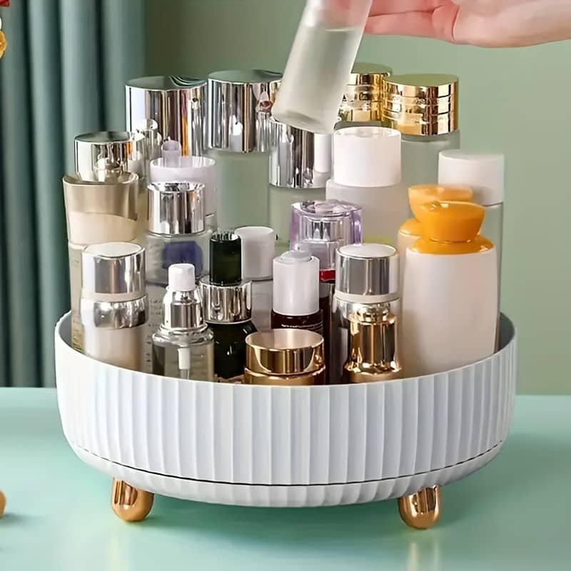 1pc Large Capacity 360-degree Rotating Makeup & Perfume Organizer – Sleek Storage Tray With Golden Accents, Ribbed Design For Stability, No ,, Vanity Tray Bags & Cases Shop Online at Dubai Trades 2