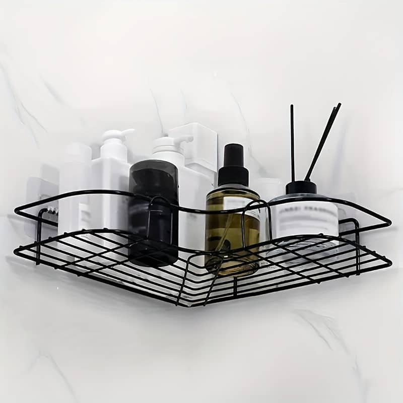1pc Sleek Black Stainless Steel Corner Shelf – Space-saving, No-drill Wall-mounted Storage Rack With 2 Tiers For Shampoo, Skincare Products & More – Organizing Bathroom Hardware Shop Online at Dubai Trades 2