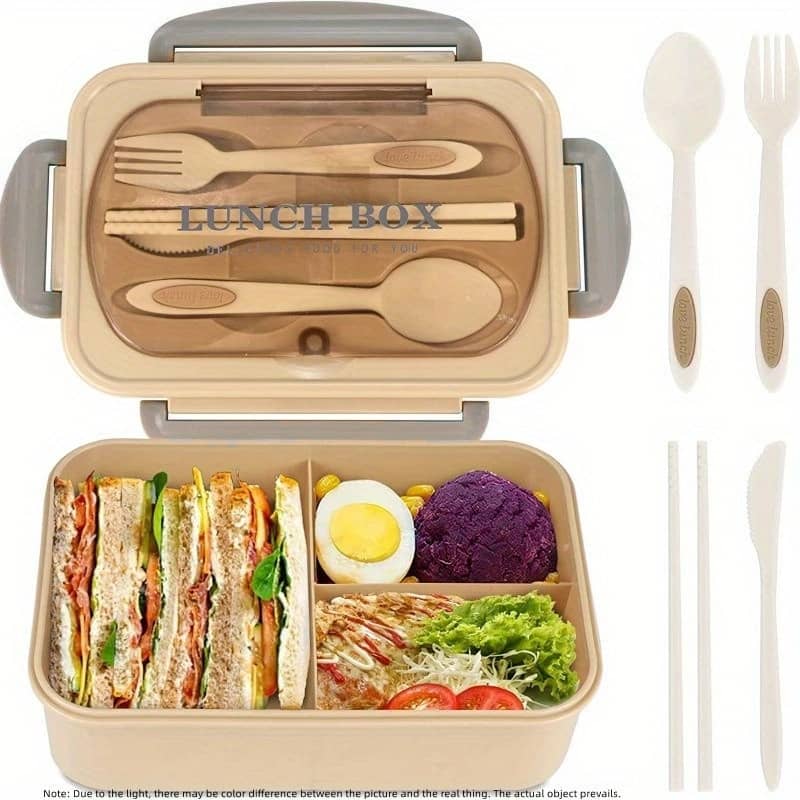 1pc Student Lunch Box Bento Box For Adult, 1000ml Lunch Containers For Adults, Leakproof Lunch Box With Utensils, Bpa Free, 3 Compartment Bento Box Microwave Safe Bento Boxes Shop Online at Dubai Trades 2